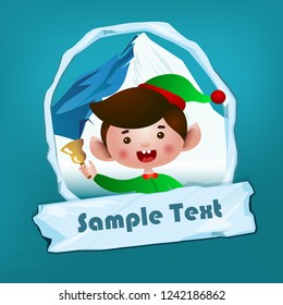 Christmas flyer template. Shouting elf with jingle, snowy mounting in oval frame and icy sign with sample text. Vector illustration can be used for banners, posters, greeting card design
