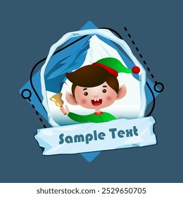 Christmas flyer template. Shouting elf with jingle, snowy mounting in oval frame and icy sign with sample text. Vector illustration can be used for banners, posters, greeting card design