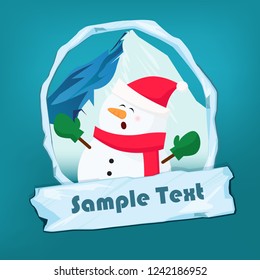 Christmas flyer template. Singing snowman, snowy mounting in oval frame and icy sign with sample text. Vector illustration can be used for banners, posters, greeting card design