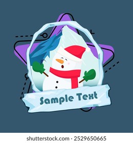 Christmas flyer template. Singing snowman, snowy mounting in oval frame and icy sign with sample text. Vector illustration can be used for banners, posters, greeting card design