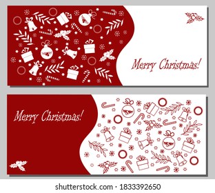 Christmas flyer template with text. attributes of the holiday on a red background. Vector illustration. For packaging, decoration, gifts.