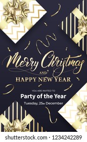Christmas flyer template. Winter Holiday design with gifts and Merry Christmas calligraphy.