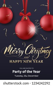 Christmas flyer template. Winter Holiday design with balls, confetti and Merry Christmas calligraphy.