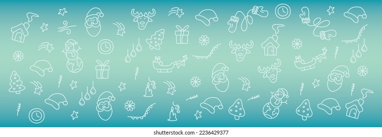 Weihnachtsflieger sind blaue Farbverlauf-Hintergründe mit Weihnachtsmärchen, Weihnachtsbäumen, Hirsch, Schneemännern, Geschenken, Schneeflocken und anderen Symbolen. handgezeichnete Vektorgrafiken im Dodle- und Cartoon-Stil