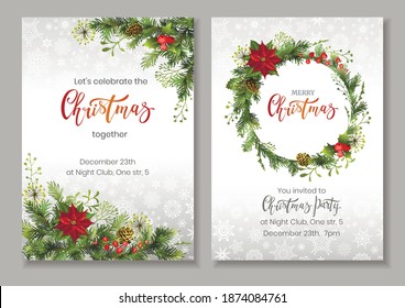 Christmas flyers or party invitation template with pine tree branches and cones, holly berries, poinsettia. Vector colorful illustration for celebratory event announcement.