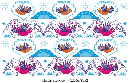 Christmas flying birds with snow mittens and snowflakes