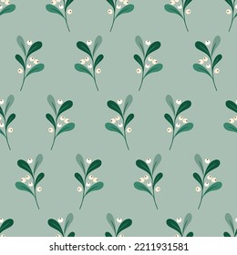 Christmas Foliage and Berries Vector Seamless Pattern. Mistletoe Twigs. Winter Holidays Festive Print. Festive Botanical Design