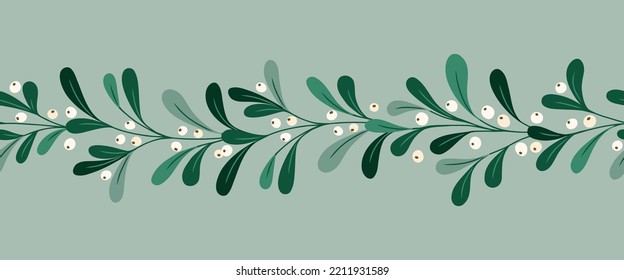 Foliage navideño y Berry Vector Margen de Patrón Horizontal sin inconvenientes. Mistletoe Twigs. Impresión de la cinta Washi Festive Winter Holidays. Diseño botánico festivo