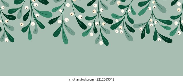 Christmas Foliage and Berries Vector Seamless Horizontal Pattern Border. Mistletoe Twigs. Winter Holidays Festive Washi Tape Print. Festive Botanical Design