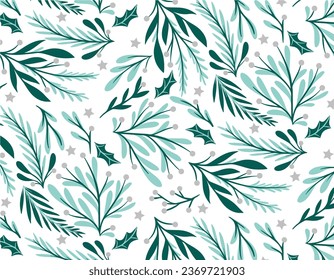 Christmas foliage, floral, seamless pattern, berry, branch, leaves, mistletoe, star. Print, card, poster, background. Flat sillhouete type.