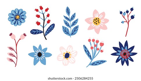 Christmas folk art floral motifs, hand drawn flowers and berries on branch, pastel blue, pink and white design elements for greeting cards and banners.