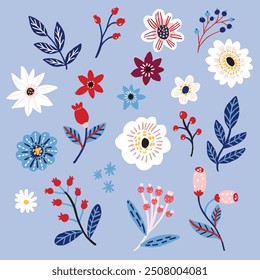 Christmas folk art floral motifs, hand drawn flowers and berries on branch, pastel blue, pink and white design elements for greeting cards and banners.