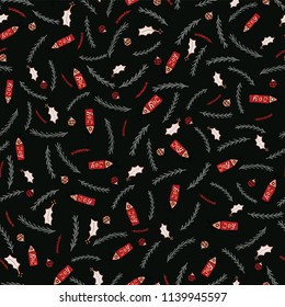 Christmas Folk Art Gift Tag Hand Drawn Seamless Vector Pattern, Red Black Joy Illustration for Seasonal Fashion Prints, Festive Stationery, Xmas Decor, Trendy Gift Wrapping & Seasonal Web Backgrounds