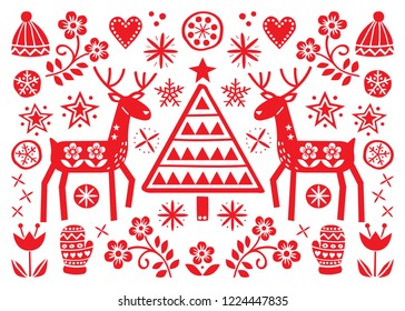 Christmas folk art greeting card with reindeer, flowers, Xmas tree and winter clothes pattern in red on white background - Merry Christmas decoration. 

Cute Scandinavian style retro design with deer