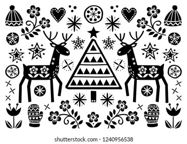 
Christmas folk art greeting card with reindeer, flowers, Xmas tree and winter clothes pattern in black on white background - Merry Christmas decoration. Cute Scandinavian style monochrome retro 