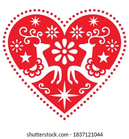 Christmas folk art heart with deer vector greeting card design, Scandinavian retro style merry pattern with flowers and stars. Festive Xmas love reindeer ornament inspired by traditional art