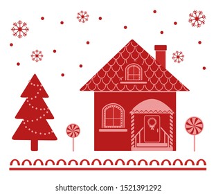 Christmas. Folk art. House, spruce, snow and christmas toys on white background. New Year. Vector illustration