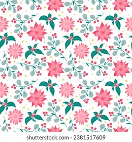 Christmas folk art ornament. Vector seamless pattern with branches tree and flowers. Fabric textile print