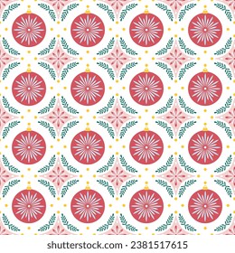 Christmas folk art ornament. Vector seamless pattern with branches tree and christmas ball. Scandinavian collection. Fabric textile print