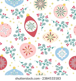 Christmas folk art ornament. Vector seamless pattern with branches tree and christmas balls. Scandinavian collection. Winter background. Fabric textile print