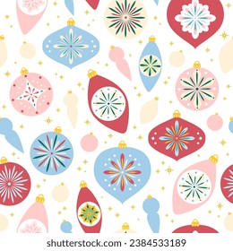 Christmas folk art ornament. Vector seamless pattern with christmas balls and sters. Scandinavian collection. Winter background. Fabric textile print