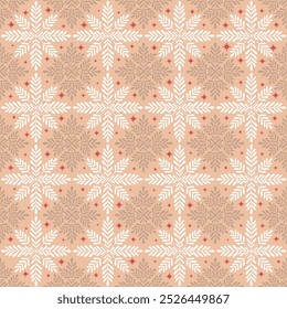 Navidades de adorno de arte popular. Patrón de Vector sin fisuras con copos de nieve. Colección escandinava. Color beige y rojo jengibre. Estampado textil de tela.