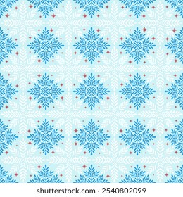 Navidades de adorno de arte popular. Patrón de Vector sin fisuras con copos de nieve. Colección escandinava. Color azul y rojo. Estampado textil de tela.