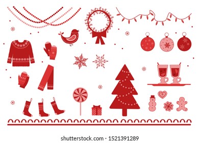 Christmas. Folk art. Set of Christmas items decorated with snowflakes. Vector illustration