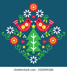 Christmas folk art vector pattern with birds and flowers in red and green, festive Scandinavian greeting card. Xmas folk design with Christmas tree, traditional merry deocor, Nordic floral backgorund