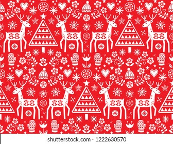 
	
Christmas folk art vector seamless pattern with reindeer, flowers, Xmas tree and winter clothes design in white on red background - Merry Christmas ornament. Cute Scandinavian style decoration