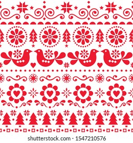 Christmas folk art vector seamless pattern, Scandinavian festive design with birds, snowflakes, flowers, Xmas trees in red on white background. Retro repetitive cute floral Christmas background 