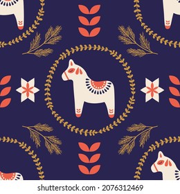 Christmas folk art vector seamless pattern. Vintage style botanical elements. Traditional winter symbols, mistletoe, flowers, hand drawn illustrations. Beautiful New Year wrapping paper design.