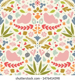 Christmas folk half drop seamless pattern background with birds, mistletoe, holly and hearts. Pretty seasonal vector repeat design.