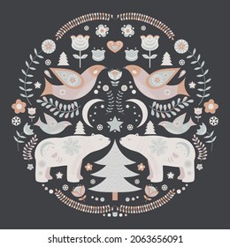 Christmas folk illustration with floral motifs and cute animals, bird and bear.