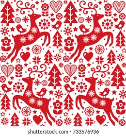 Christmas folk red seamless vector pattern, Scandinavian folk art, reindeer, birds and flowers decoration, wallpaper
