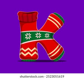 Christmas font alphabet, letter K as knitted sweater for Xmas winter holiday greetings type, cartoon vector. Merry Christmas font or New Year festive typeface, letter K as winter sock or sweater