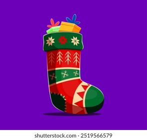 Alfabeto de fonte de Natal, letra L sock com presentes de Papai Noel para férias de inverno, vetor de desenhos animados. Tipo de fonte Feliz Natal ou Xmas saudação festiva typeface para Ano Novo, letra L como meia de malha