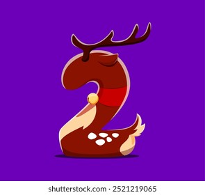 Christmas font alphabet, number 2 as Santa reindeer or deer for festive typeface, cartoon vector. Merry Christmas font for Xmas holiday greeting text and New Year type, number Two reindeer character