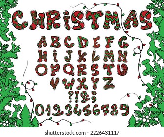 Christmas font alphabet with winter graphic elements. Hand drawn holiday isolated vector with letters and numbers text