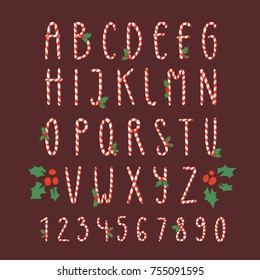 Christmas font candy cane vector type alphabet New Year card print design font characters and numbers for invinattion design Xmas design. Candy Christmas font