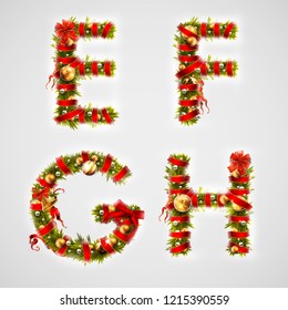 Christmas font. Four decorative christmas letters  of Christmas tree branches, decorated with a red ribbon and golden balls. Highly realistic illustration.