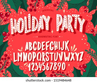 Christmas Font. Holiday Typography Alphabet With Season Wishes And Festive Illustrations. Type Design For Holiday New Year Celebration. Design Vector Background With Hand-drawn Lettering.