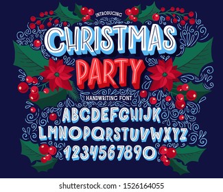 Christmas Font. Holiday Typography Alphabet With Season Wishes And Festive Illustrations. Type Design For Holiday New Year Celebration. Design Vector Background With Hand-drawn Lettering.