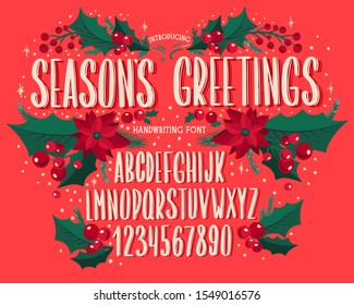 Christmas font. Holiday typography alphabet with season wishes and festive illustrations. Type design for holiday new year celebration. Design vector background with hand-drawn lettering.