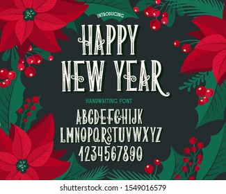 Christmas font. Holiday typography alphabet with season wishes and festive illustrations. Type design for holiday new year celebration. Design vector background with hand-drawn lettering.