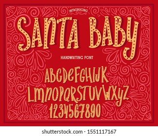 Christmas font. Holiday typography alphabet with season wishes and festive illustrations. Type design for holiday new year celebration. Design vector background with hand-drawn lettering.