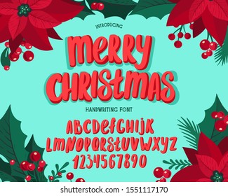 Christmas font. Holiday typography alphabet with season wishes and festive illustrations. Type design for holiday new year celebration. Design vector background with hand-drawn lettering.