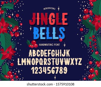 Christmas font. Holiday typography alphabet with season wishes and festive illustrations. Type design for holiday new year celebration. Design vector background with hand-drawn lettering.