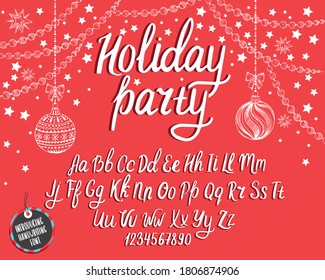 Christmas font. Holiday typography alphabet with season wishes and festive illustrations. Handwritten script for holiday new year celebration. Design vector with hand-drawn lettering.