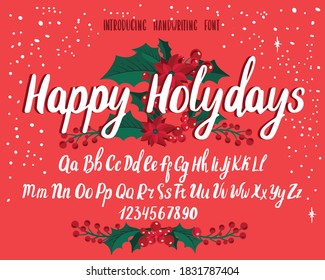 Christmas font. Holiday typography alphabet with season wishes and festive illustrations. Handwritten script for holiday new year celebration. Design vector with hand-drawn lettering.